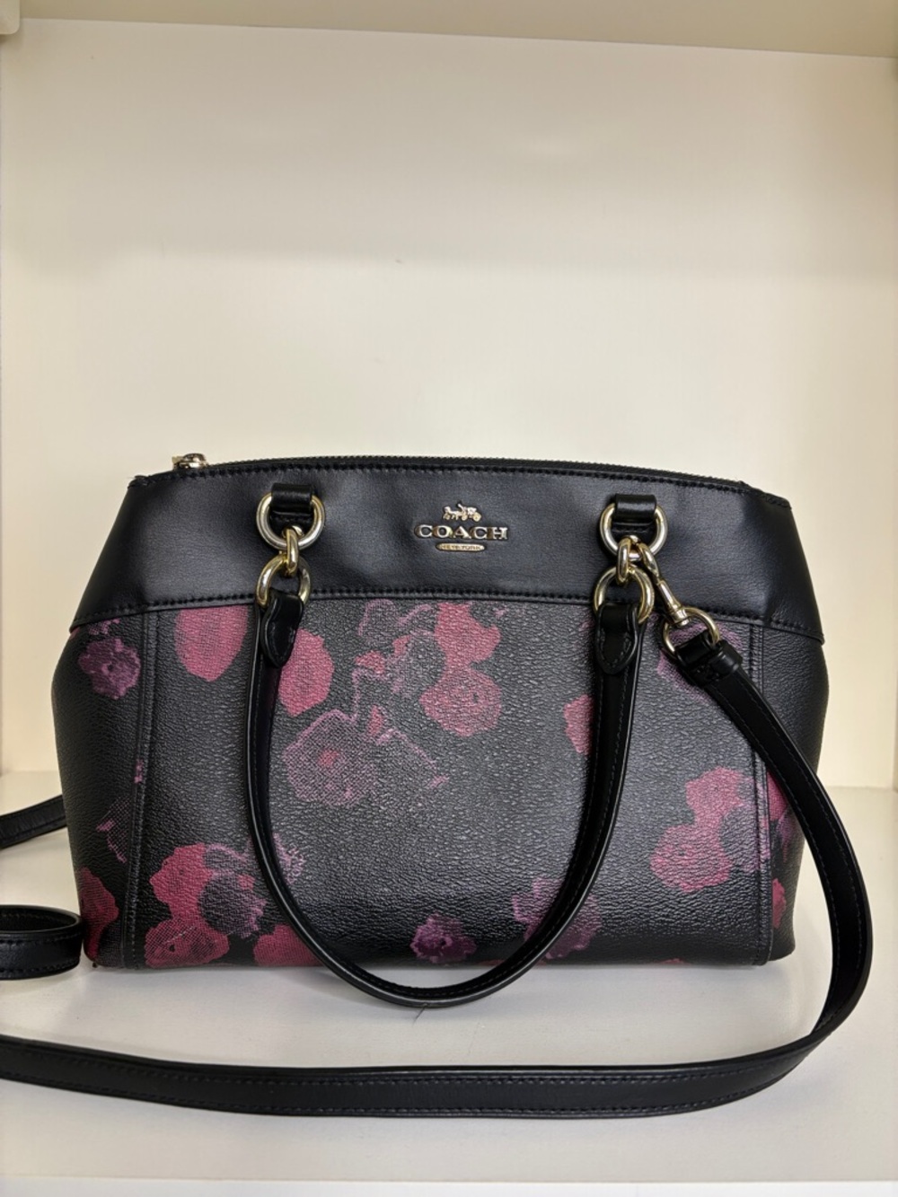 Coach Black Leather Satchel with Pink Floral Accents